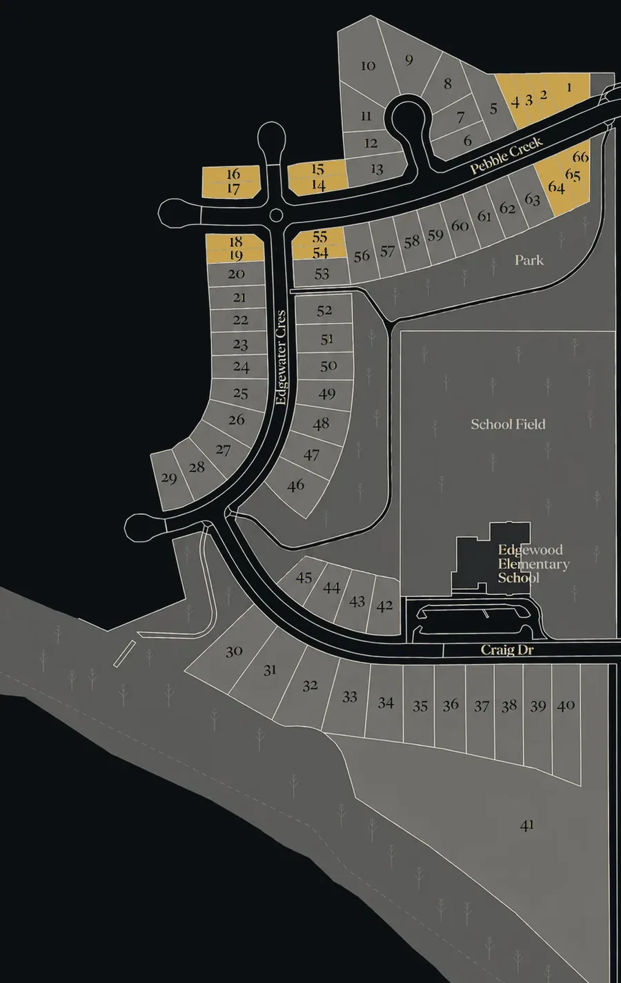 The Banks site plan — lots on Pebble Creek, Edgewater Crescent and Craig Drive